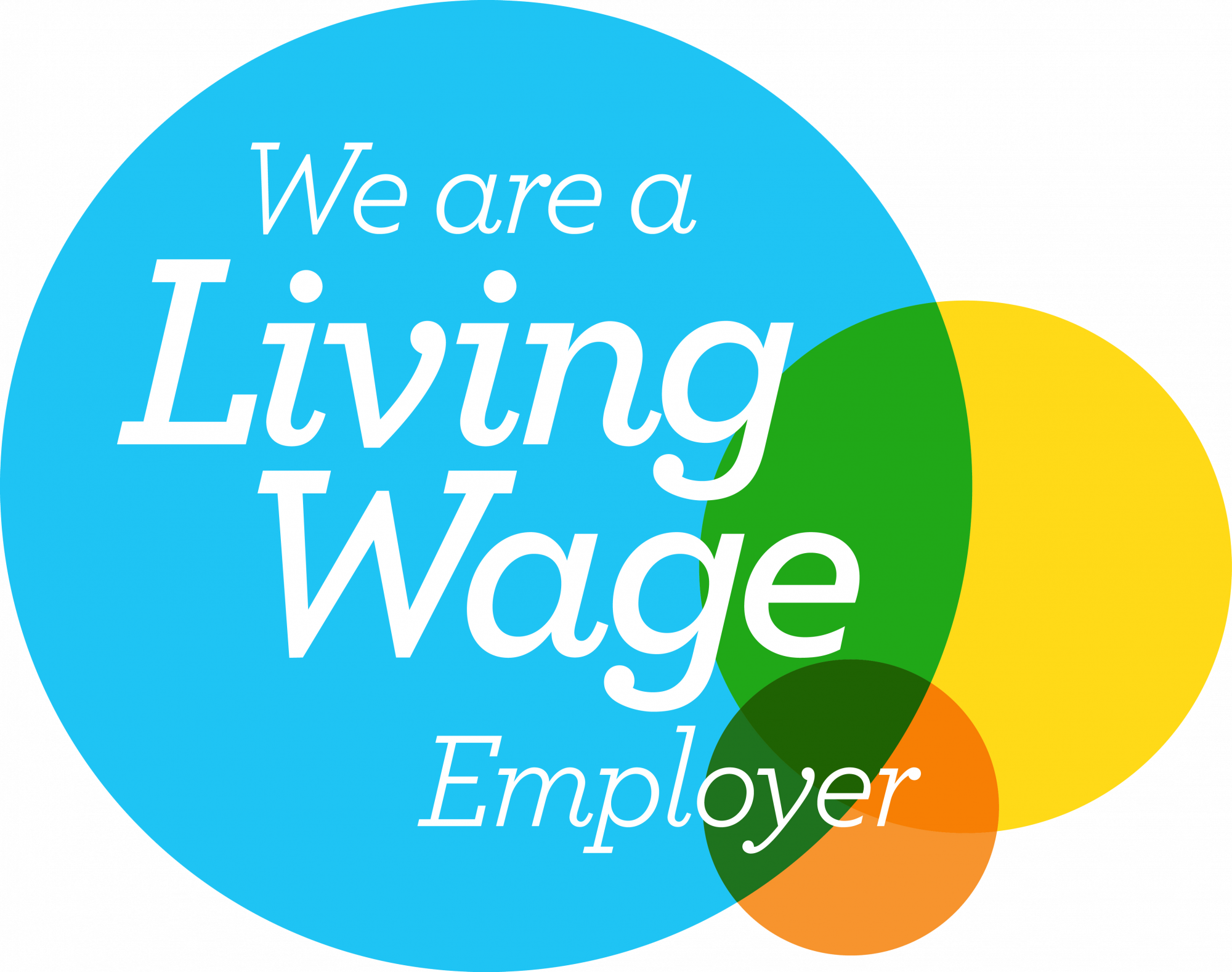We are a living wage employer! The logo is a blue circle with white font, there are smaller yellow and orange circles where they overlap the blue they have turned green.