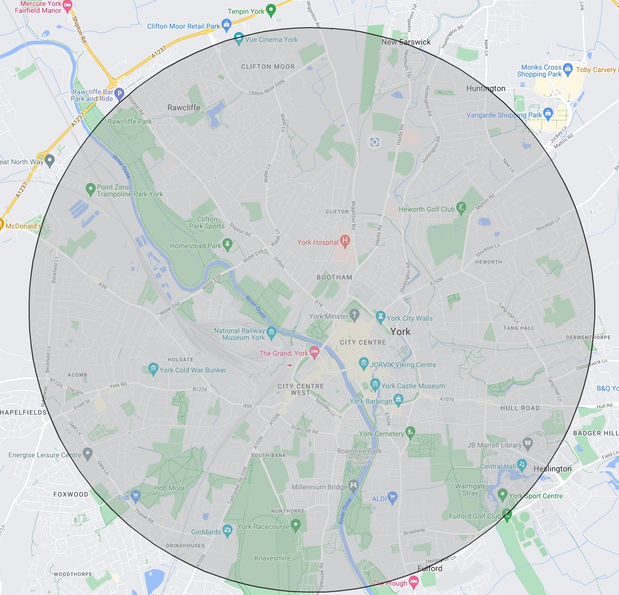 A map of York with a greyed out circle showing collection area. It stretches two miles around the centre of the city but stays within the outer ring road.