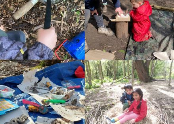 4 images in a collage showing children playing outside, including a small boy in a red suit holding a hammer, two children sat in a giant nest and a selection of arts and crafts